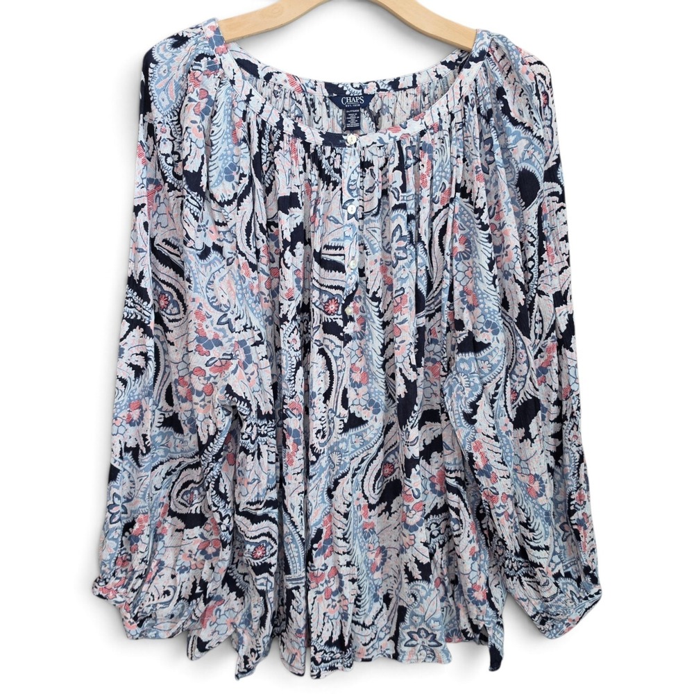 Chaps Top Womens 2X Blouse Blue Pink Paisley Peasant Henley Button Long Sleeve